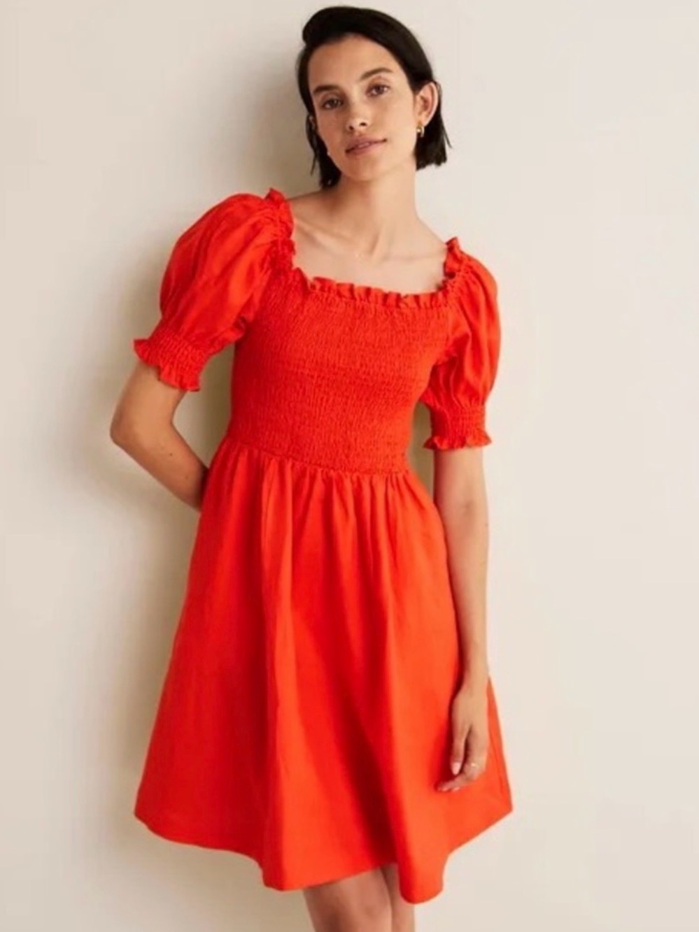 Boden Women’s Linen Red Smocked Puff-Sleeve Dress